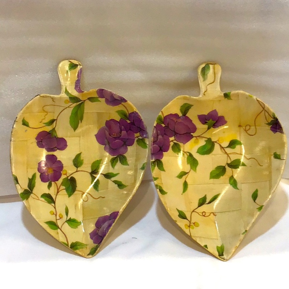 Pomerantz purple floral woven bamboo bowl set EUC